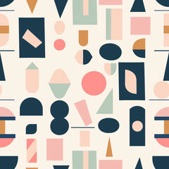A seamless pattern of geometric shapes and forms in pastel pink, peach, teal, and navy blue on a white background. 