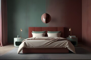 Bedroom in pastel tone maroon color trend 2024 year panton furniture and background. Modern luxury...