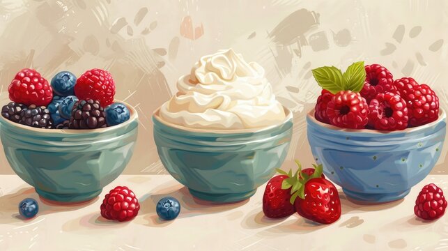 Dairy-free yogurt alternatives, rendered in a digital painting that showcases the creamy textures and appealing variety of vegan probiotics