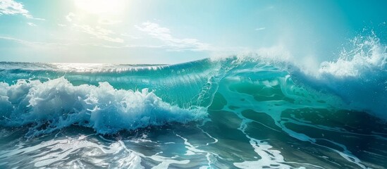 View of a wave crashing onto the sandy beach, illuminated by the shining sun