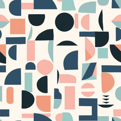 A seamless pattern of geometric shapes and forms in pastel pink, peach, teal, and navy blue on a white background. 