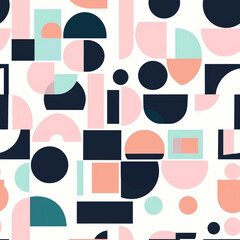 A seamless pattern of geometric shapes and forms in pastel pink, peach, teal, and navy blue on a white background. 