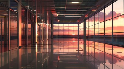 Dawn's first light floods the airport terminal, casting a tranquil glow over the quiet interior
