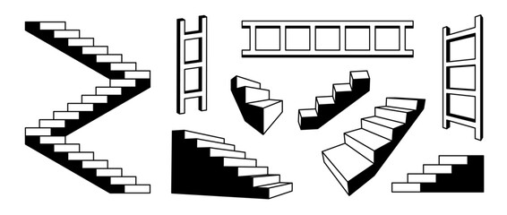 Linear stairs and ladders set. Black white surreal geometric element collection. 3d perspective steps and staircases bundle. Architecture outline shapes for collage, poster, banner. Vector art pack