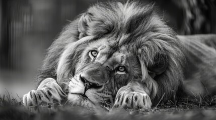 A serene lion lies, front paws grounding it, eyes reflecting wisdom and wildness - obrazy, fototapety, plakaty