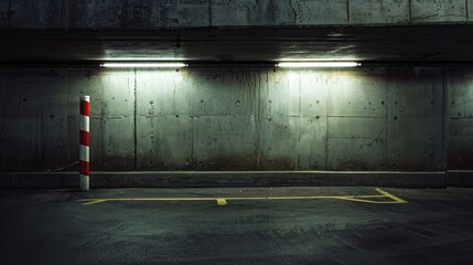 A lone barrier stands sentinel in the hushed, shadowy confines of an underground parking lot - obrazy, fototapety, plakaty