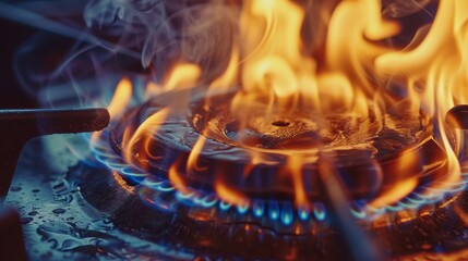 A detailed view of a gas burner, flames swirling in a mesmerizing dance of heat - obrazy, fototapety, plakaty