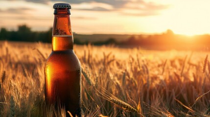 Closeup of cold beer bottles against wheat barley  field on sunset. Two cold craft beer bottles with condensation. Festival of light alcoholic beverages. AI  illustration, free place for text.