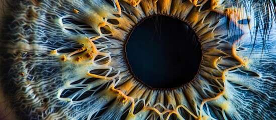 Intense close up detail of a single blue eye with a striking yellow iris in focus - obrazy, fototapety, plakaty