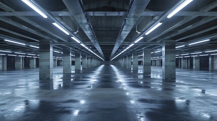 Fototapeta premium An expansive underground car park, its vastness highlighted by stark, artificial lighting