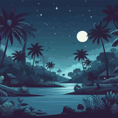 Fototapeta na wymiar free vector Night landscape and river with full moon and tree