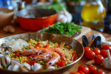 A pan of Spanish paella with seafood and vegetables, rich in color and texture