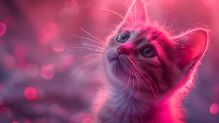 a cute pink cat with blue eyes is  looking upwards, and there are sparks or lights shining around...