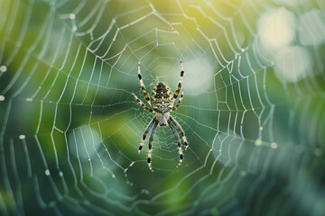 A spider lingers in the center of a delicate web, dew highlighting its patterns