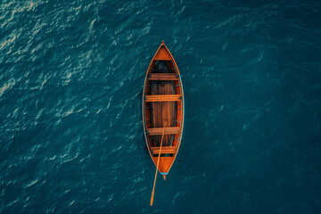 Aerial view of a solitary wooden boat on calm turquoise waters