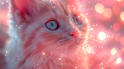 a cute pink cat with blue eyes is  looking upwards, and there are sparks or lights shining around...