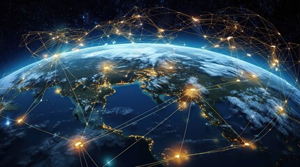 Naklejka na ściany i meble Global world network and telecommunication on earth cryptocurrency and blockchain Generative AI