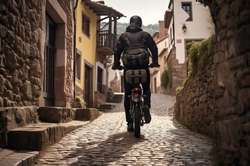 A biker exploring a historic town's cobblestone streets