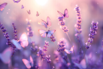 A serene and picturesque scene of butterflies fluttering around lavender flowers