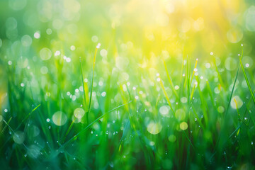 Fototapeta premium Beautiful spring background with dew on fresh green grass
