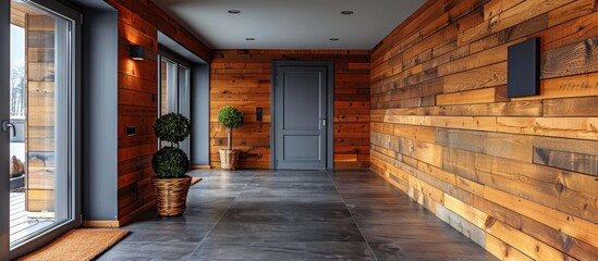 View of a hallway showing a solitary entrance with a wooden door and a glass window on the side