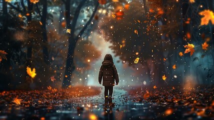 A child is standing in the center of a mystical forest scene, facing away from the camera. The child is wearing a black hooded winter coat and dark pants, with a hint of yellow footwear poking out at  - obrazy, fototapety, plakaty