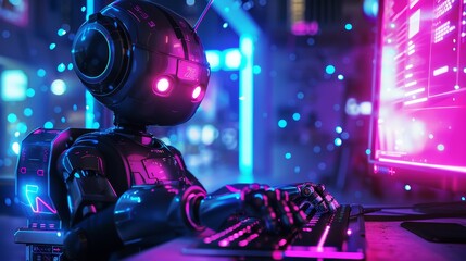 Pink light blue and dark blue robot working in the computer. Neon juicy colors