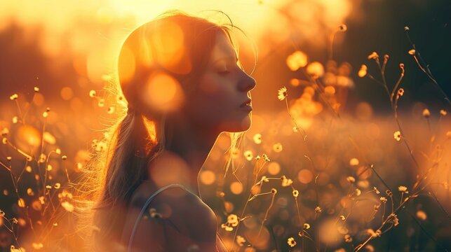 A young woman is standing in a field of tall grass and wildflowers at sunset. Her profile is gently illuminated by the warm golden light of the sun, creating a soft glow around her silhouette. She app
