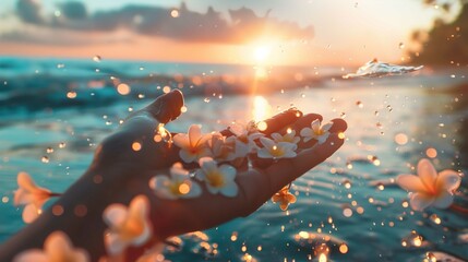 An outstretched hand is holding several frangipani flowers (also known as plumeria) against a backdrop of a sunlit ocean landscape. The sun is setting or rising near the horizon, casting a warm glow o - obrazy, fototapety, plakaty