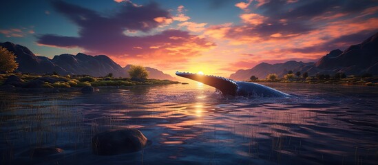 Photo of a blue whale tail over water in the sea at sunset Generative AI