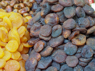 Market Counter with Dried Eastern Delights: Apricots and Dried Peaches in a Variety of Colors
