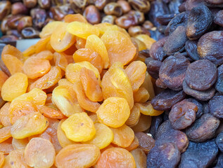 Market Counter with Dried Eastern Delights: Apricots and Dried Peaches in a Variety of Colors