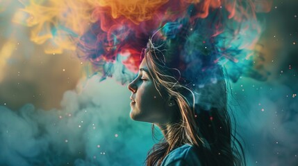 A young woman is featured in profile, her eyes closed, and her face expressing tranquility. Above her head, a vivid display of smoke in myriad colors—ranging from fiery orange to cool blue—fans out, c - obrazy, fototapety, plakaty