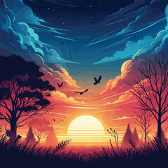 free vector Dramatic sky sunset with trees and weeds