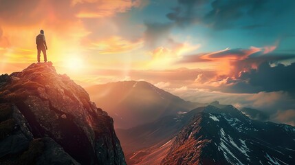 A person stands on the peak of a rugged mountain, facing a dramatic sunset. The sky is a vivid mélange of orange, yellow, and blue hues punctuated by soft, fluffy clouds. Sunlight streams through the 