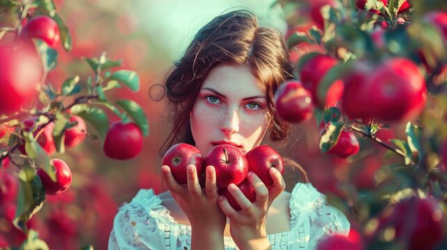 A young woman with freckled skin and long brown hair stands amid a red apple orchard, peering into the camera with piercing blue eyes. She's holding several red apples in her hands, cradling them gent