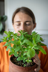 Woman with closed eyes enjoying smelling green mint plant growing it at home, selective focus on leaves. Gardener female plant lover holds fresh herbs. House planting, gardening, organic products