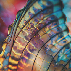 A butterfly wing reveals a kaleidoscope of colors and delicate scales in a macro spring garden scene.
