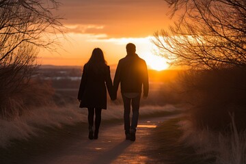 A couple in love sharing a moment during a sunset walk