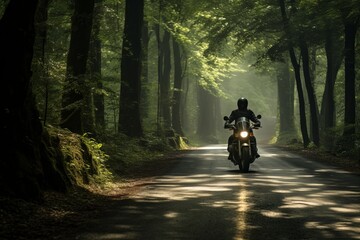 A motorcycle enthusiast enjoying the serenity of a forest road