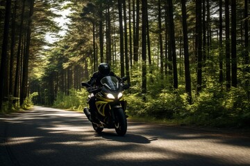 A motorcyclist making a sharp turn on a forest road