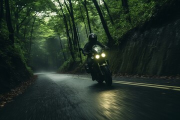 A motorcyclist making a sharp turn on a forest road - obrazy, fototapety, plakaty