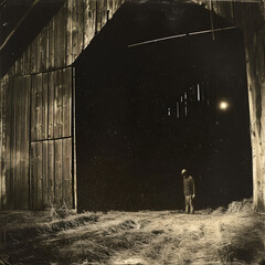 interior of a dark barn at night, a dark creature stands in the shadows