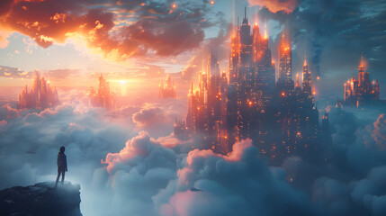A city of glowing orange castle-like structures, surrounded by clouds and stars. game background