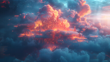 Fototapeta premium A city of glowing orange castle-like structures, surrounded by clouds and stars. game background