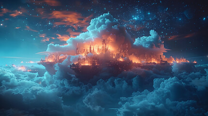 Fototapeta premium A city of glowing orange castle-like structures, surrounded by clouds and stars. game background
