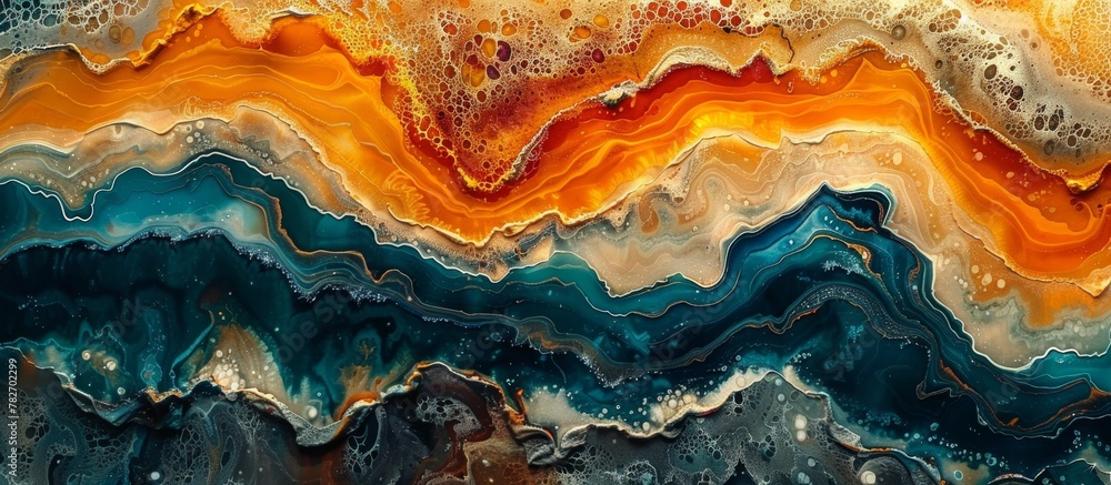 Poster detailed view of a painted depiction capturing the fluid motion of a wave, showcasing intricate brus