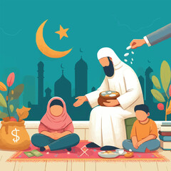 Free vector faceless Muslim giving alms zakat or infaq donation to a person who need it in flat poster illustration
