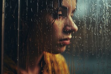 A person's reflection in a rainy window