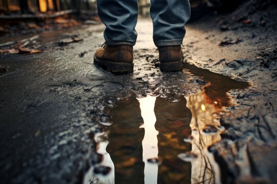 A person's reflection in a muddy puddle